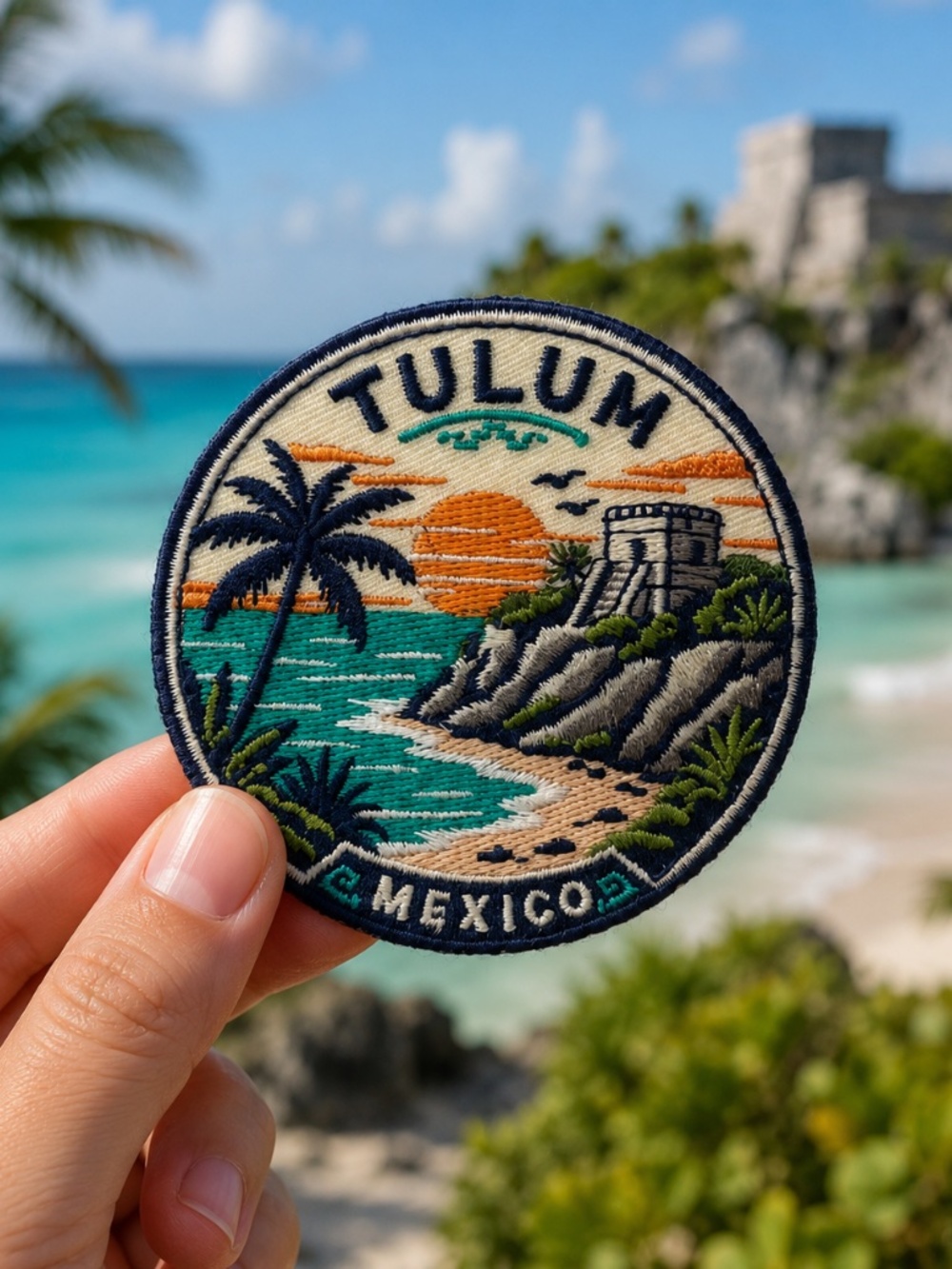 Tulum Mexico Embroidered Iron On Patch, 3 Inch Travel Souvenir Patch, Mayan Ruin